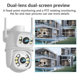 Camera IP WiFi Dual cu microfon, LED, sirenă și funcție dinamică albă