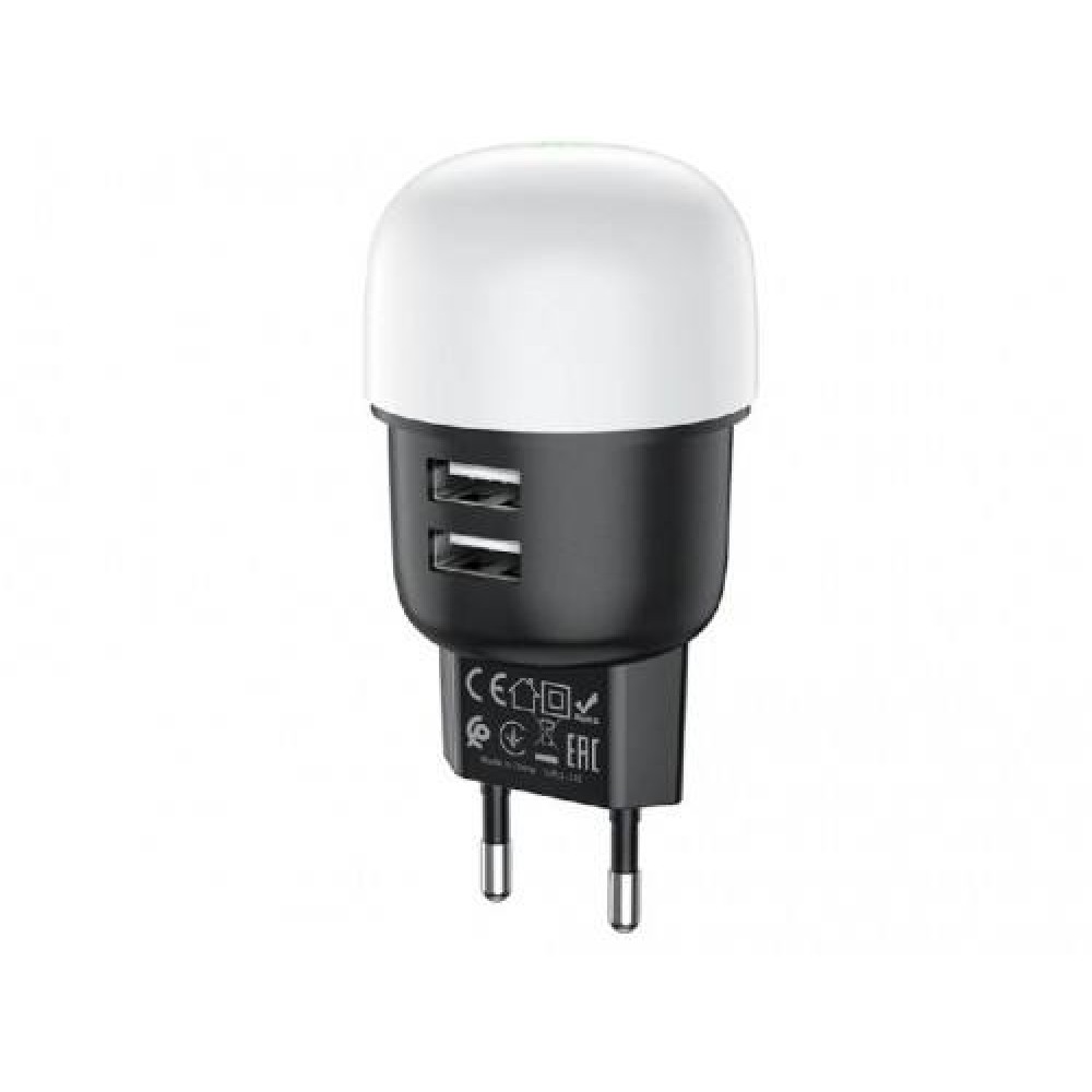 Încărcător USB HOCO C87A cu lumină de noapte tactilă, 2 porturi, negru